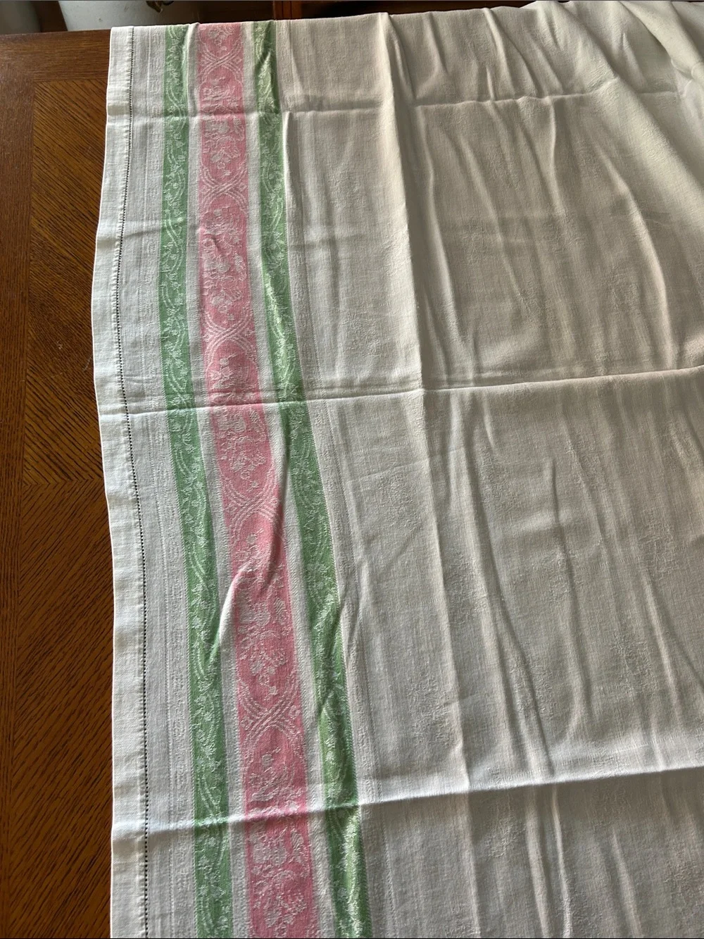 Vintage Classic White Tablecloth with Pink and Green Stripe